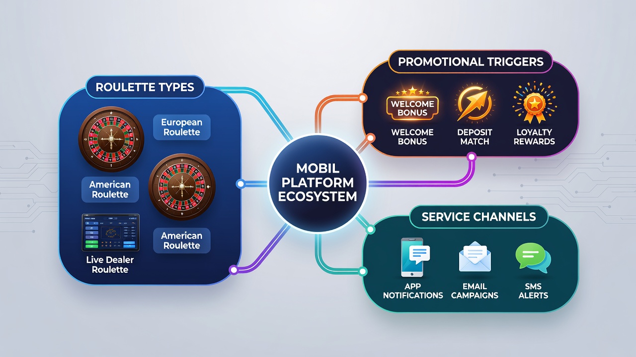 Darstellung der Verbindungen zwischen Roulette-Typen, Promotionen und mobilen Support-Kanälen