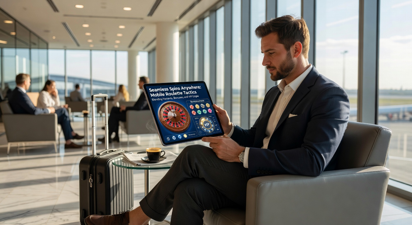 Smartphone mit laufendem Mobile-Roulette-Spiel, das Varianten und Boni anzeigt, im Hintergrund VIP-Elemente sichtbar